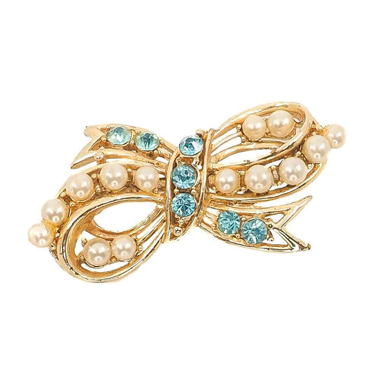 Vintage 1940s Retro Art Deco Aqua Blue Rhinestone, Imitation Pearl, and Gold Tone Ribbon Bow Brooch