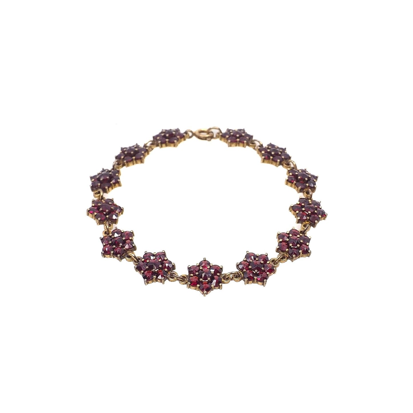 Vintage 1960s Rose Cut Pyrope Garnet and Gold Wash Sterling Silver Cluster Link 7" Bracelet - Red Garnet Gemstone Thin Bracelet