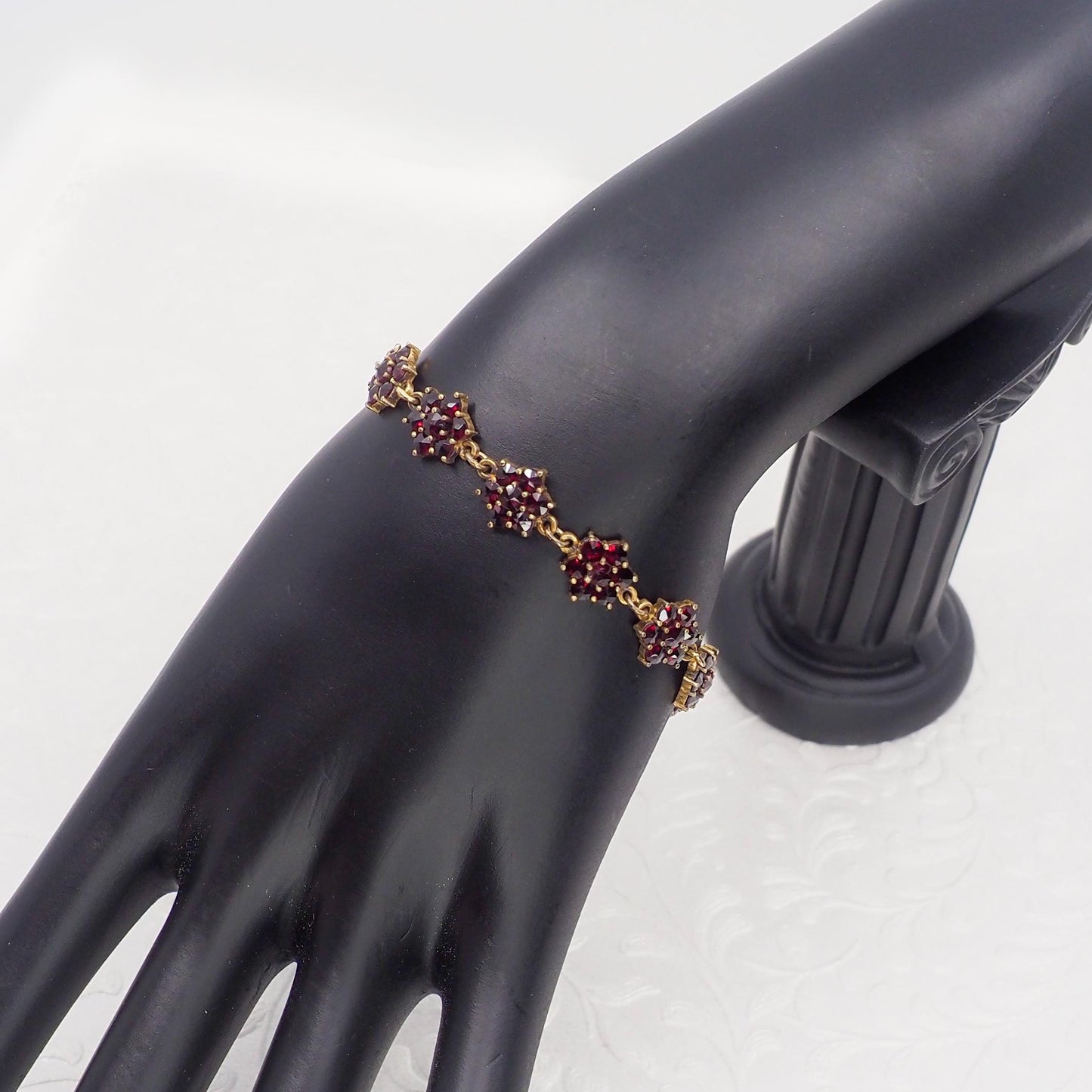 Vintage 1960s Rose Cut Pyrope Garnet and Gold Wash Sterling Silver Cluster Link 7" Bracelet - Red Garnet Gemstone Thin Bracelet