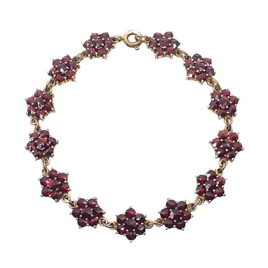 Vintage 1960s Rose Cut Pyrope Garnet and Gold Wash Sterling Silver Cluster Link 7" Bracelet - Red Garnet Gemstone Thin Bracelet