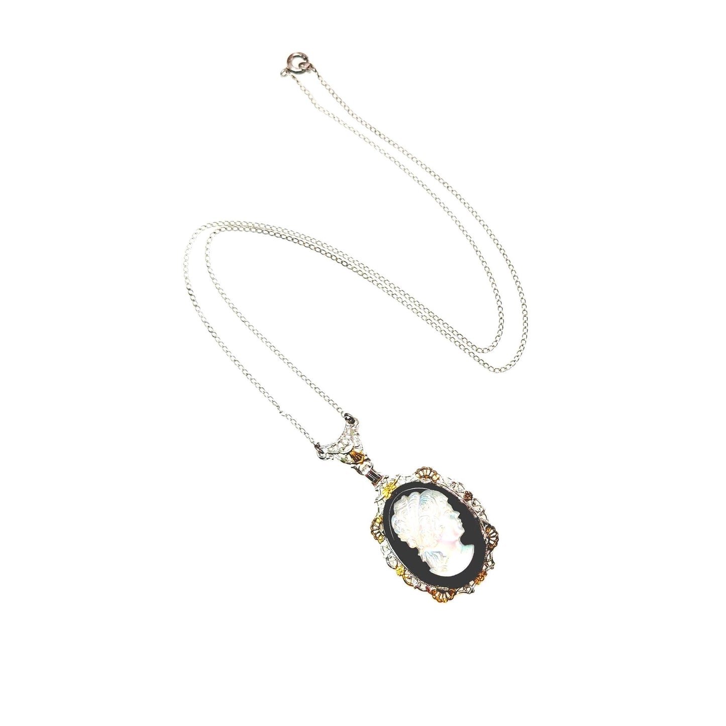 Antique 1920s Art Deco Iridescent Glass, Imitation Onyx, Gold Plate, and Sterling Silver Filigree 18" Necklace