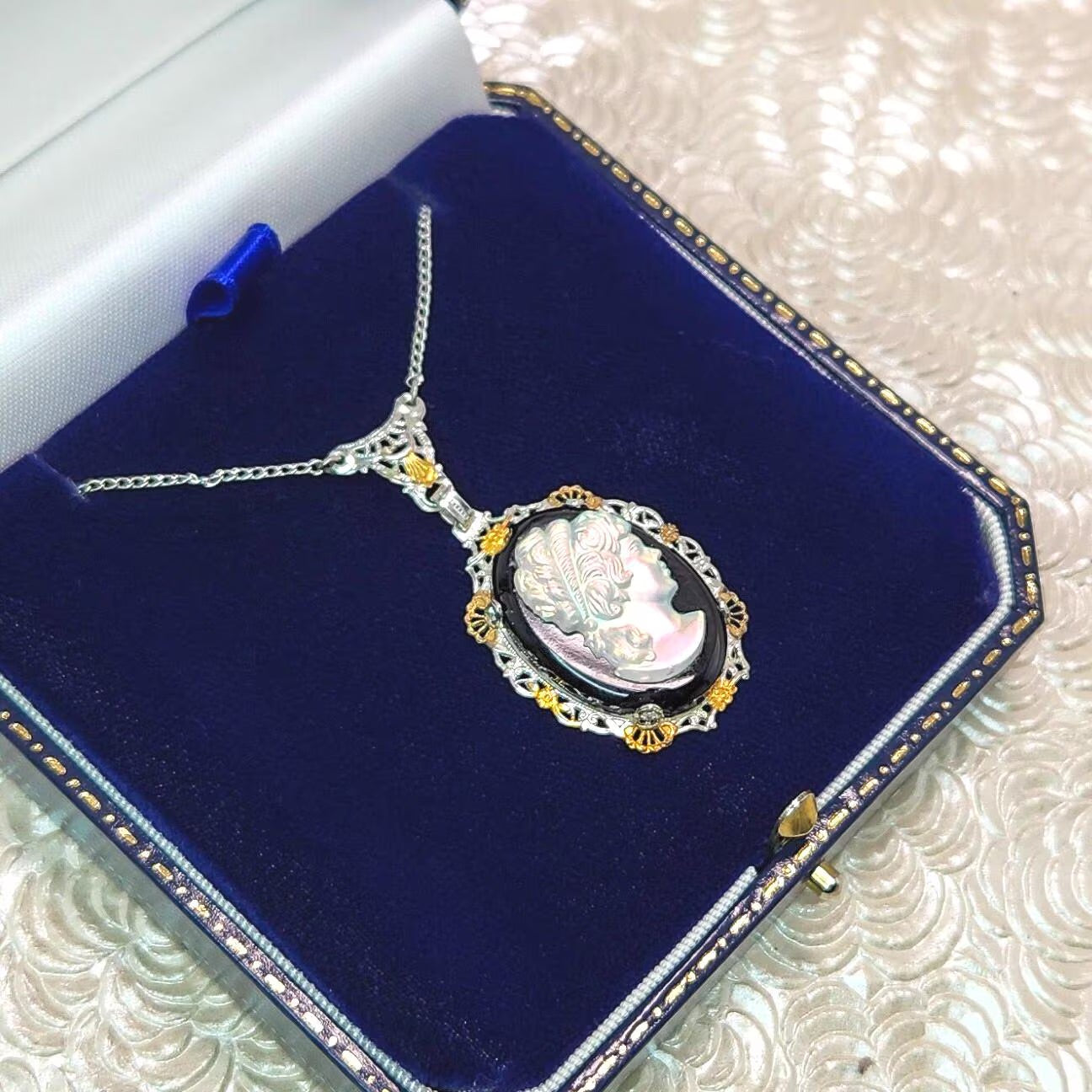 Antique 1920s Art Deco Iridescent Glass, Imitation Onyx, Gold Plate, and Sterling Silver Filigree 18" Necklace