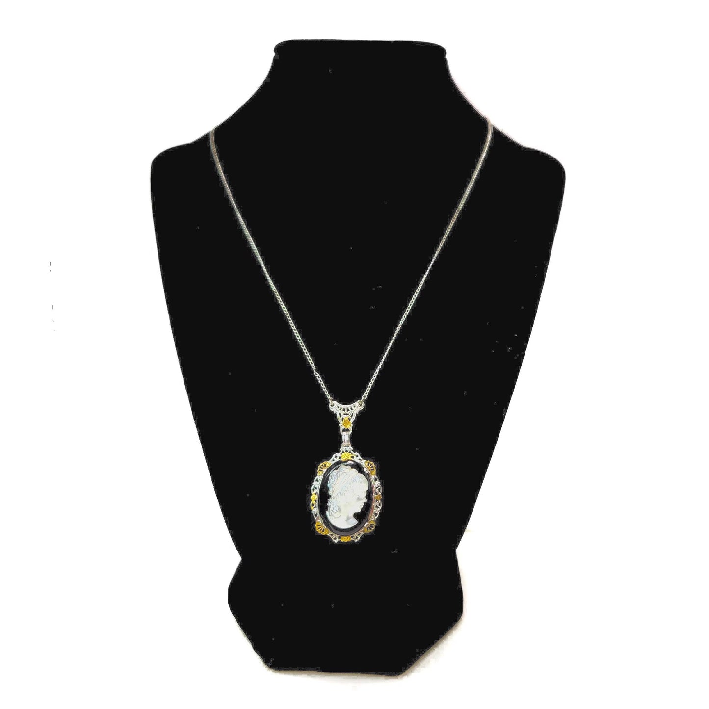 Antique 1920s Art Deco Iridescent Glass, Imitation Onyx, Gold Plate, and Sterling Silver Filigree 18" Necklace