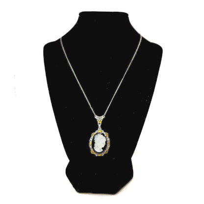Antique 1920s Art Deco Iridescent Glass, Imitation Onyx, Gold Plate, and Sterling Silver Filigree 18" Necklace