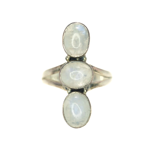 Vintage 1990s Moonstone and Sterling Silver Three Stone Southwestern Ring Size 8.25