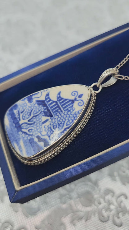 Vintage 1990s Broken Blue Willow China and Sterling Silver Pagoda Pendant 24" Necklace