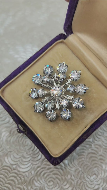 Vintage 1950s Starburst Flower Clear Rhinestone Atomic Fleur-de-Lis Costume Brooch