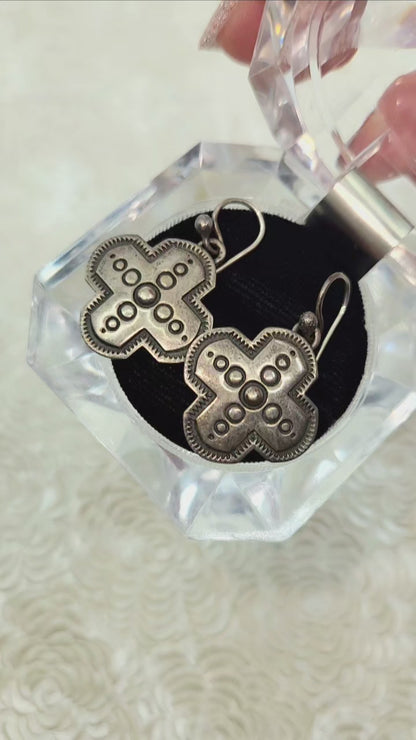 Vintage 1970s Sterling Silver Navajo Cross Drop Southwestern Native American Earrings
