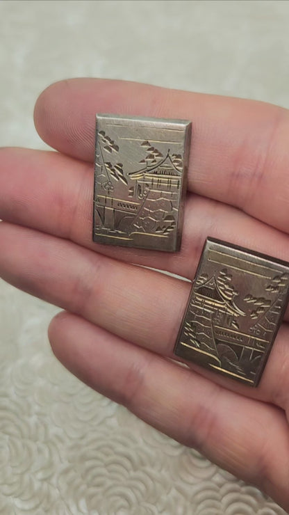 Vintage 1960s Sterling Silver Japanese Kominka House Etched Unisex Cufflinks