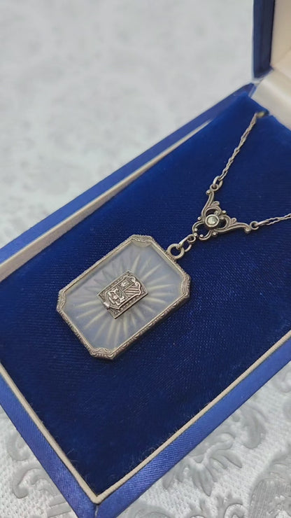 Antique 1920s Art Deco Camphor Glass, Marcasite, and Sterling Silver Choker 17" Necklace