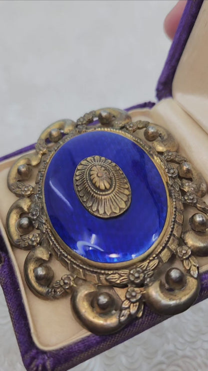 Vintage 1930s Victorian Revival Guilloché Blue Enamel and Gilt Statement Dress Clip