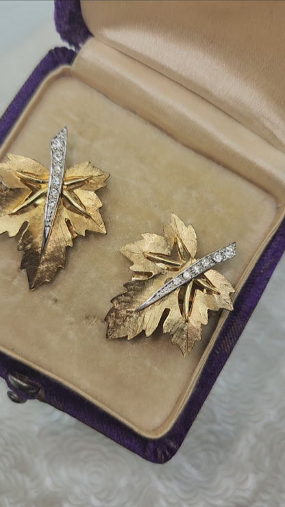 Vintage 1960s BOUCHER Gold Plated Leaf Rhinestone Clip On Non-Pierced Designer Costume Earrings