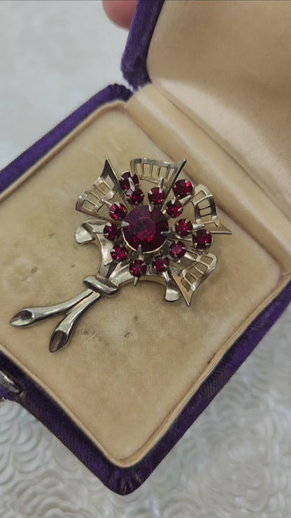 Vintage 1980s Gold Tone and Red Rhinestone Flower Brooch