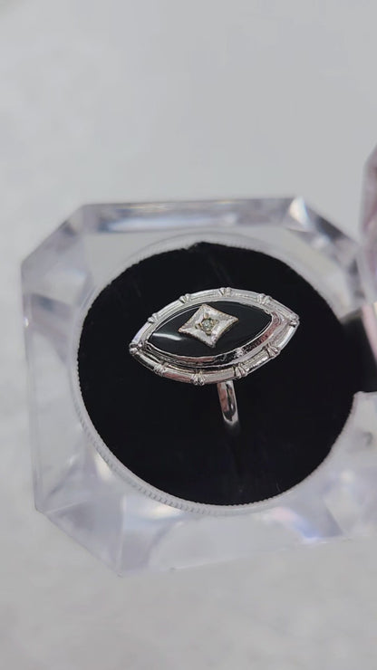 Vintage 1970s Art Deco Revival Black Onyx, Sterling, and Diamond Marquise Ring Size 7