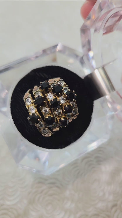 Vintage 1950s Black and Clear Paste 5-Band Gold Filled Cocktail Statement Ring Size 7.5