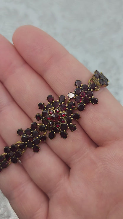 Antique 1890s Late Victorian Bohemian Garnet and Gilt Cluster Link 6.75" Bracelet