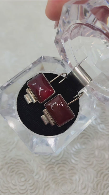 Vintage 90s Sterling Silver Red Carnelian Drop Earrings: Southwest Geometric Design