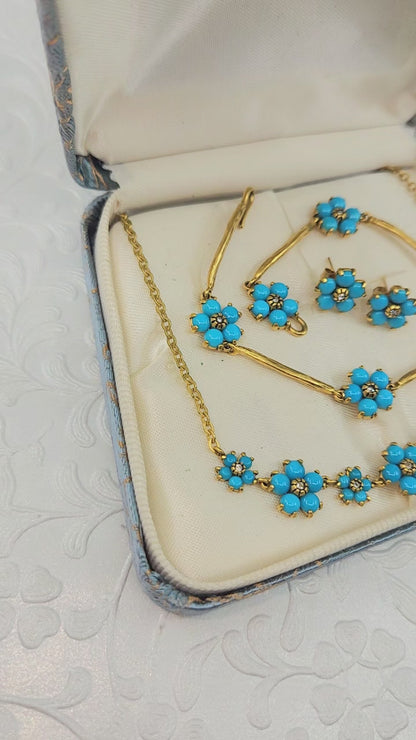 Vintage 1980er Metropolitan Museum of Art Lab Türkisblaues Blumenschmuck-Set