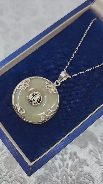 Vintage 1990s Greyish Green Jade and Sterling Silver Blessings Circle 22" Necklace