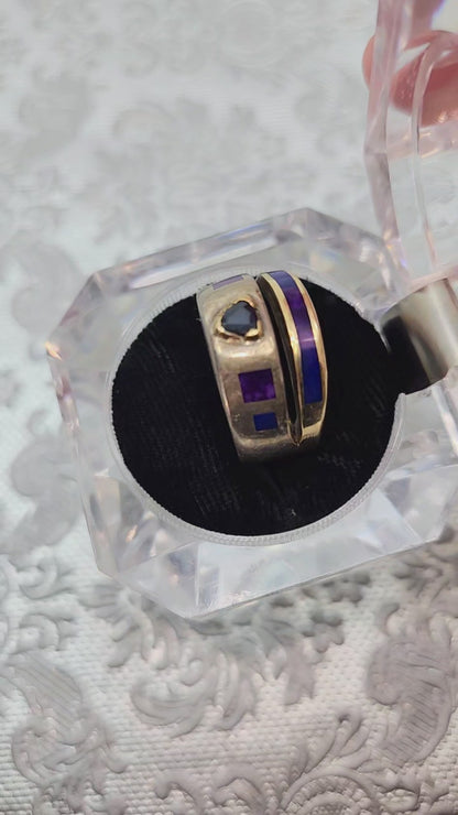 Vintage 1990s Sterling Silver, Lab Sapphire, Sugilite, Lapis, Vermeil Double Band Ring Size 8