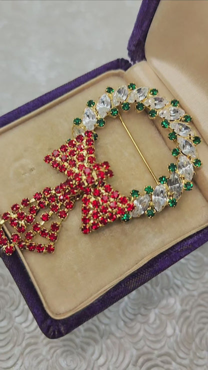 Vintage 1960s Red and Green Rhinestone Chunky Wreath Brooch - 60s Yellow Gold Plate Christmas Unisex Statement Brooch