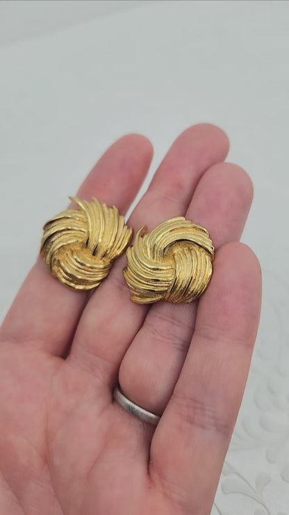 Vintage 1980s MONET Chunky Large Knot Yellow Gold Plate Clip On Earrings