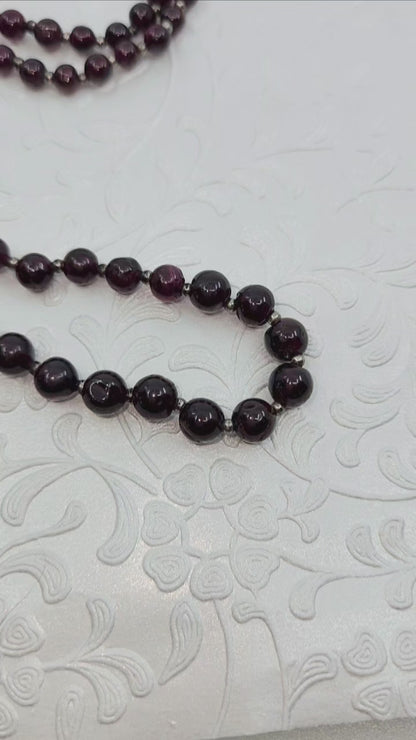 Vintage 1960s Almandine Garnet and Sterling Silver Graduated Bead Single Stand 27" Necklace