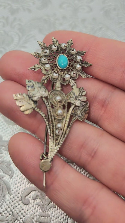 Antique 1890s Late Victorian 800 Silver, Turquoise, Imitation Pearl Floral Spray Brooch