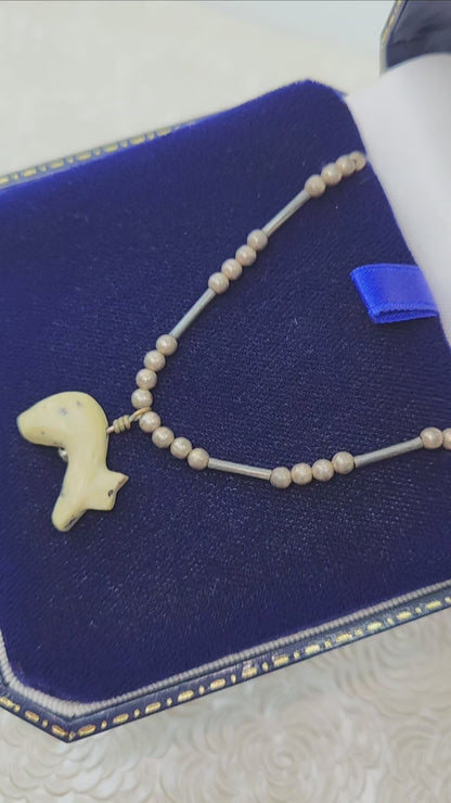 Vintage 1970s Zuni Sterling Silver Serpentine Bear Fetish Single Strand 13.5" Necklace