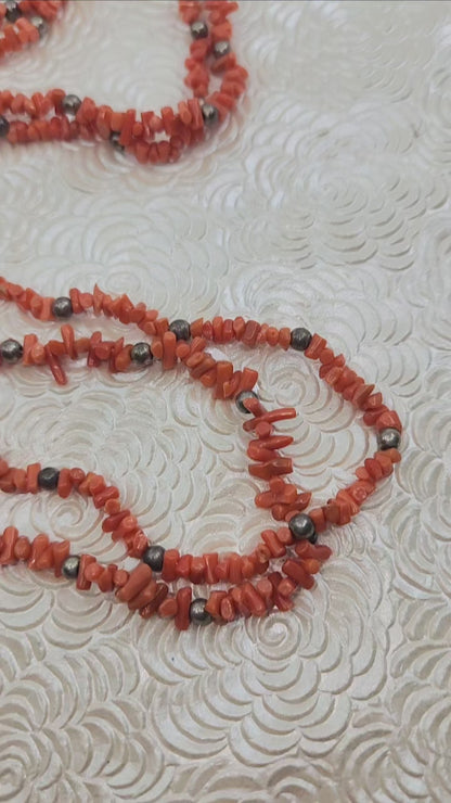 Vintage 1970s Southwestern Branch Coral and Sterling Silver Double Strand Statement 25" Necklace