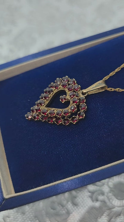 Vintage 1960s GRANAT TURNOV Bohemian Garnet and Vermeil Heart Pendant 18" Necklace