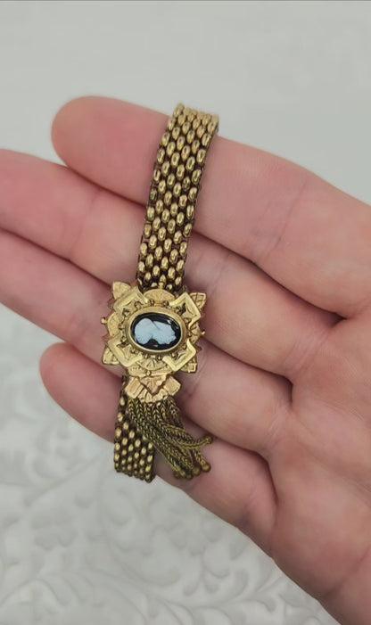 Antique Victorian 1880s Rolled Gold Mesh Slider Cameo Mourning 7" Bracelet