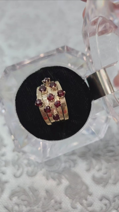 Vintage 1950s Red Garnet and 14K Five Band Harem Statement Ring Size 8