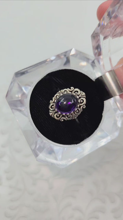 Vintage 1960s Purple Cabochon Amethyst and Sterling Silver Scroll Ring Size 6.25