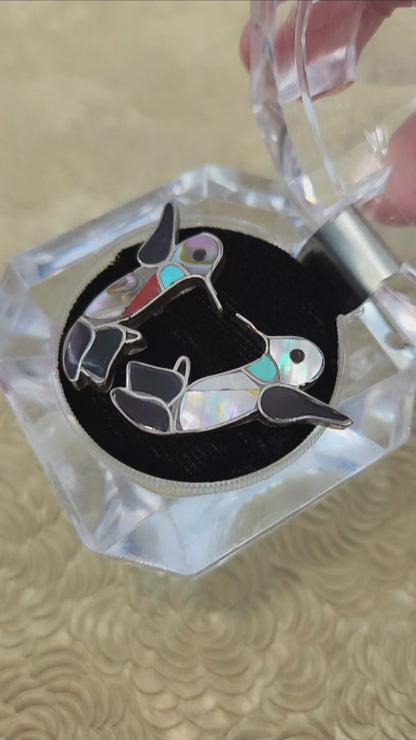 Vintage 1990s C.C. LEEKITY Zuni Sterling Silver Inlaid Gemstone Hummingbird Stud Earrings