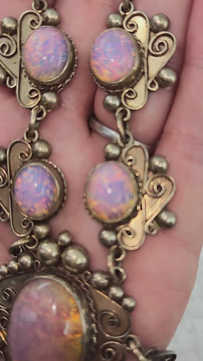 Vintage 1970s Mexico Sterling Silver and Rainbow Opalescent Glass Statement 22" Necklace