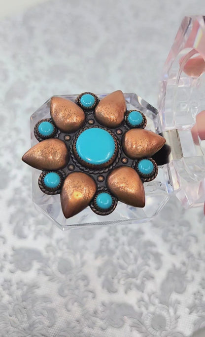 Vintage 1960s BELL TRADING CO. Copper and Blue Imitation Turquoise Flower Brooch