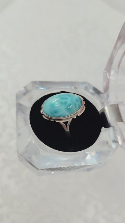 Vintage 1990s Blue Larimar and Sterling Silver Southwestern Solitaire Ring Size 8.25