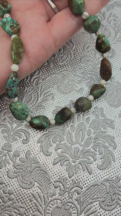 Vintage 1970s Blue and Green Turquoise Nugget, Howlite, and Sterling Silver Bead 23" Necklace