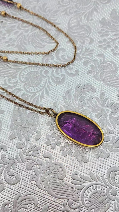 Antique 1900s Art Nouveau Purple Glass and Gold Filled 20" Necklace