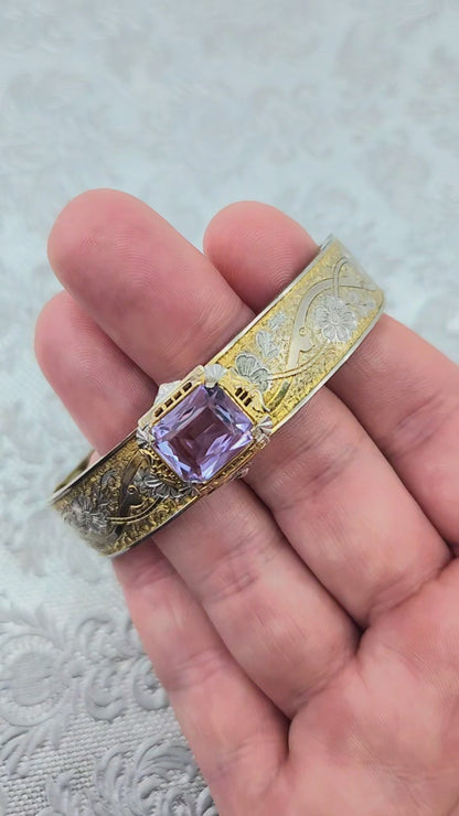 Vintage 1940s CHEEVER TWEEDY Art Deco Gold Fill Purple Glass Bangle 7" Bracelet