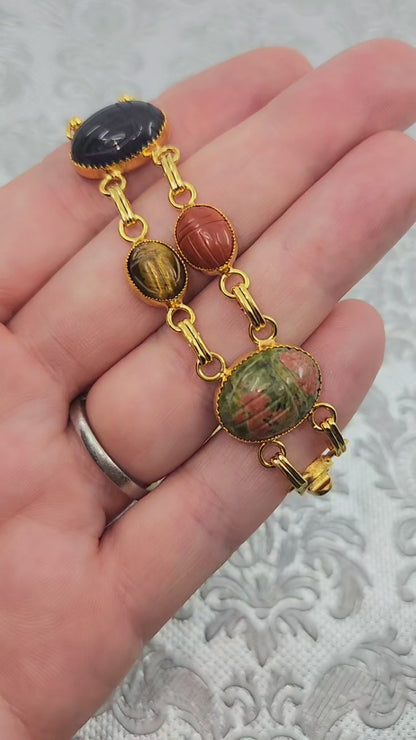 Vintage 1980s Gemstone Carved Scarab and Gold Toned 7" Bracelet
