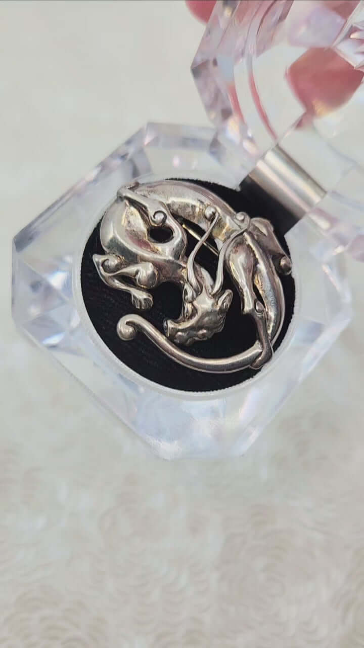 Sleeping Dragon Animal Figural Sterling Silver Brooch in a black box