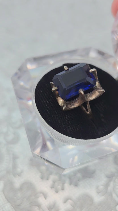 Vintage 1970s Blue Glass Sterling Statement Ring Size 6