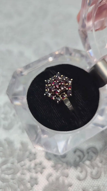 Vintage 1940s Rose Cut Bohemian Garnet Cluster Gold Washed 900 Silver Ring Size 7