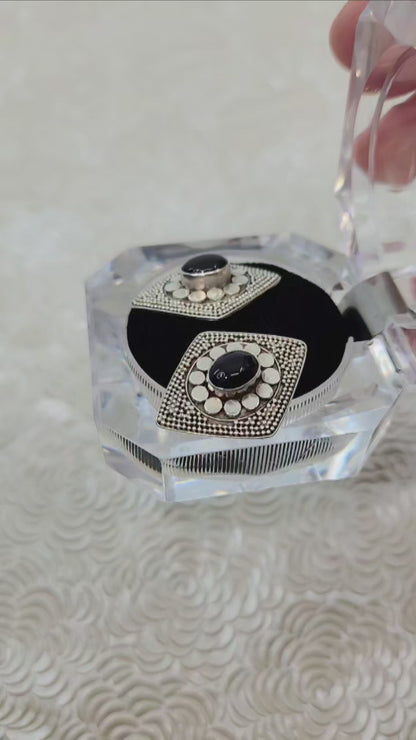 Vintage 1980s Black Onyx Cabochon and Sterling Diamond-Shaped Stud Earrings
