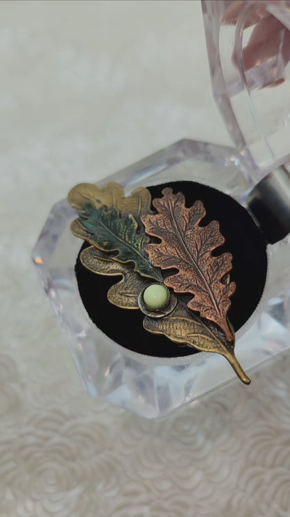 Vintage 1960s Brass Tri-Tone Oak Leaf Brooch
