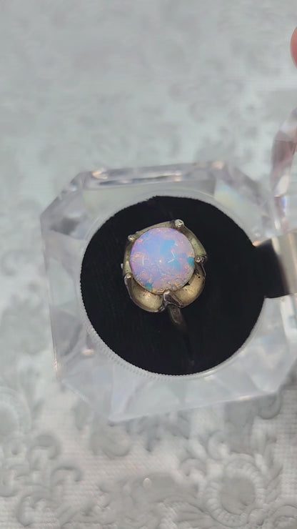Vintage 1970s Opalescent Glass Flower Mexican Sterling Ring Size 7