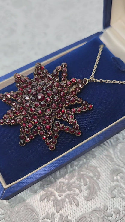 Antique 1890s Victorian Bohemian Garnet and Gilt Starburst Pin and Pendant Combo 16" Necklace