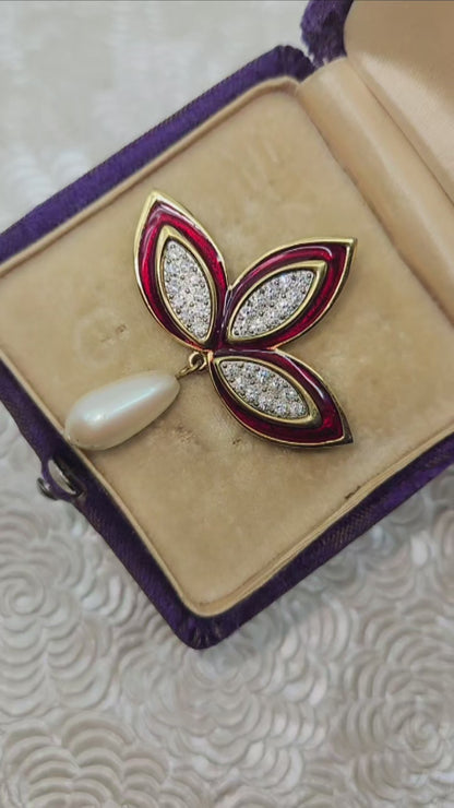 Vintage 1980s MONET Red Enamel, Imitation Pearl, and Rhinestone Brooch